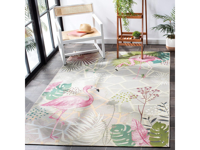 SAFAVIEH Washable Rug Outdoor Barbados Collection - 4' x 6', Grey & Pink, Non-Shedding & Easy to Clean, Ideal for Patio, Backyard, Mudroom (BAR551F)