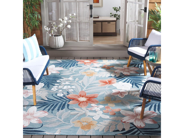 SAFAVIEH Washable Rug Outdoor Cabana Collection - 8' x 10', Aqua & Rust, Non-Shedding & Easy to Clean, Ideal for Patio, Backyard, Mudroom (CBN454J)
