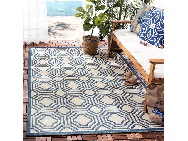 SAFAVIEH Washable Rug Outdoor Courtyard Collection - 2'7' x 5', Beige & Navy, Non-Shedding & Easy Cleaning, Ideal for Patio, Backyard, Mudroom...