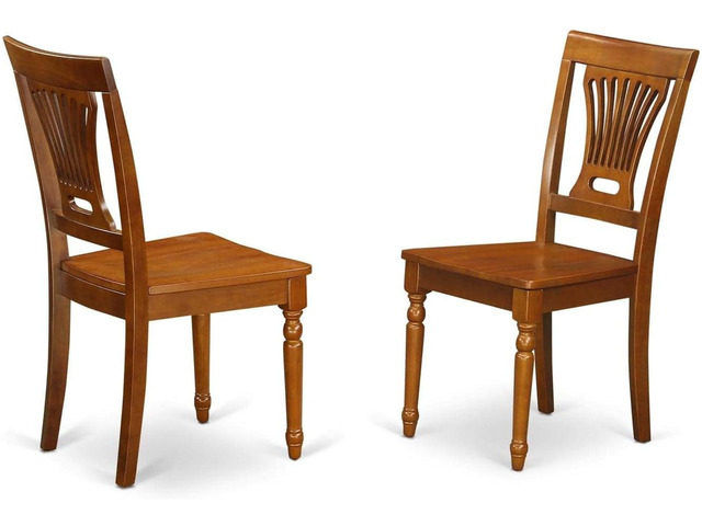 East West Furniture PVC-SBR-W Plainville Dining Chairs - Stylish Back Wood Seat Kitchen Chairs, Set of 2, Saddle Brown