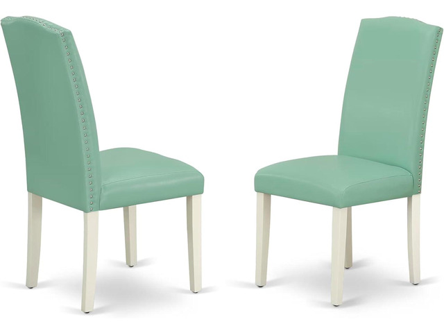 East West Furniture ENP2T57 Encinal Parson Kitchen Chairs - Nailhead Trim Pond Faux Leather Padded Dining Chairs, Set of 2, Linen White