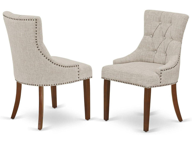 East West Furniture FRP3T05 Friona Parson Dining Chairs - Button Tufted Nailhead Trim Doeskin Linen Fabric Upholstered Chairs, Set of 2, Mahogany