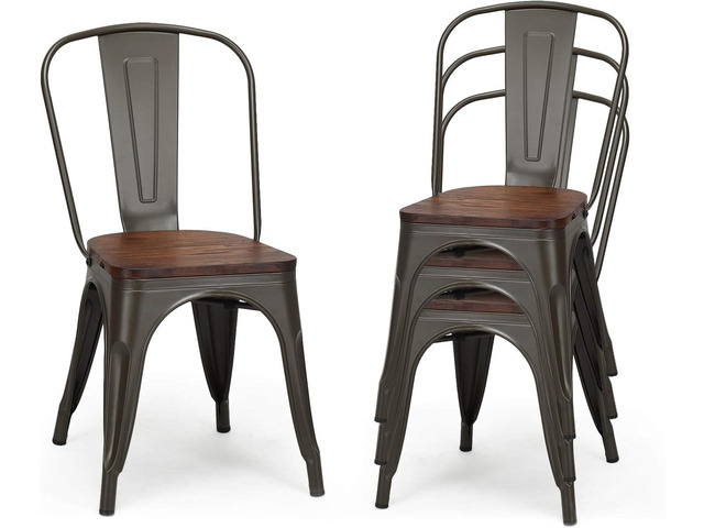 DORTALA Dining Chairs Set of 4, Metal Stackable Dining Chair w/Wood Seat and Rubber Protectors, Kitchen Side Chair, Comfortable Backrest Dining...