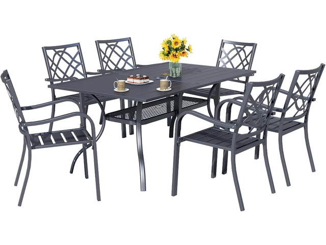 Crownland 7 PCS Furniture Patio Dining Set, 6 Stackable Metal Chairs and Rectangular Outdoor Dining Table with 1.57' Umbrella Hole(Metal Tabletop)
