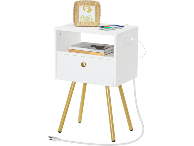 HOOBRO Nightstand with Charging Station, Small End Table for Tight Spaces