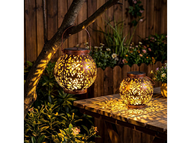 JOIEDOMI 2 Pack Outdoor Solar Hanging Lantern Lights, Waterproof Tabletop with Handle, LED Moroccan Lanterns, Metal Decorative Garden Solar Lights...