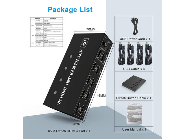 4 Port HDMI KVM Switch 4X2 Dual Monitor 4K@60Hz Extended Display USB KVM Switch 4 in 2 out for 4 PC Share Keyboard Mouse Monitor(with US Plug)