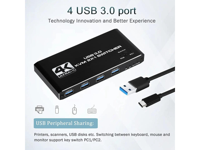 4K USB KVM Switch USB 3.0 Switcher HDMI-compatible KVM Switch 2 In 1 Out for 2 PC Sharing Keyboard and Mouse EDID / HDCP Printer