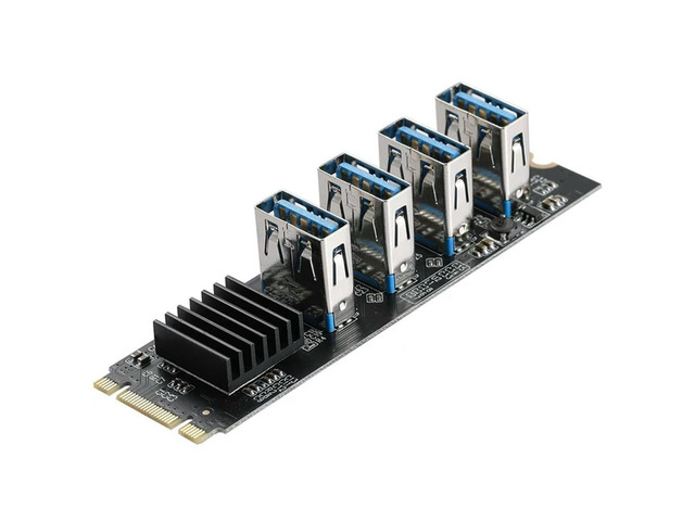 M.2 Nvme To 4 USB PCIE Riser Adapter, M2 M-Key To PCIE 1X USB 3.0 Converter Card W/ Heatsink For Bitcoin Miner Mining