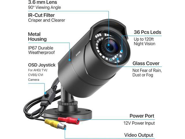 ZOSI 2MP HD 1080p 1920TVL Security Camera Outdoor Indoor (Hybrid 4-in-1 HD-CVI/TVI/AHD/960H Analog CVBS), 36PCS LEDs,120ft IR Night Vision,105°...