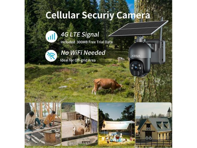 Xega 4G LTE Cellular Security Camera Outdoor Solar Camera Wireless Built-in SIM Card, 2K HD Color Night Vision PTZ 360° View, Smart PIR Motion...