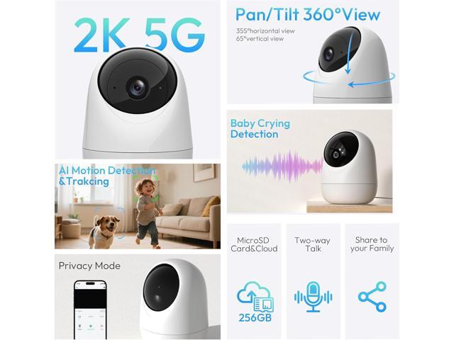 Rraycom Indoor Camera 5G & 2.4G WiFi,2K Security Cameras for Home Security,360°Pan & Tilt, Dog/Pet Baby Camera with Motion Tracking& Sound Detection,...