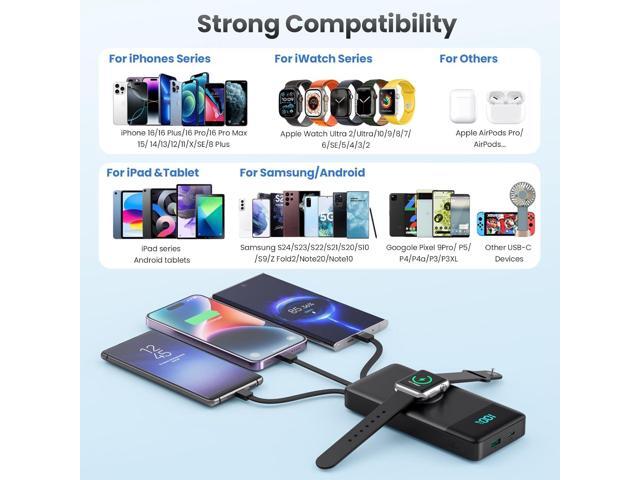 Portable Charger with Built-in Cables and iWatch Charger,10800mAh QC4.0+PD 25W Fast Charging USB C Power Bank,6 Outputs LCD Display Travel Battery...