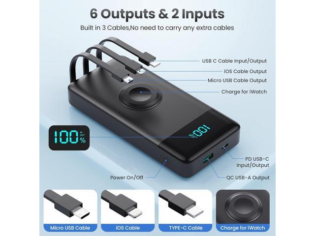 Portable Charger with Built-in Cables and iWatch Charger,10800mAh QC4.0+PD 25W Fast Charging USB C Power Bank,6 Outputs LCD Display Travel Battery...