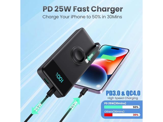 Portable Charger with Built-in Cables and iWatch Charger,10800mAh QC4.0+PD 25W Fast Charging USB C Power Bank,6 Outputs LCD Display Travel Battery...