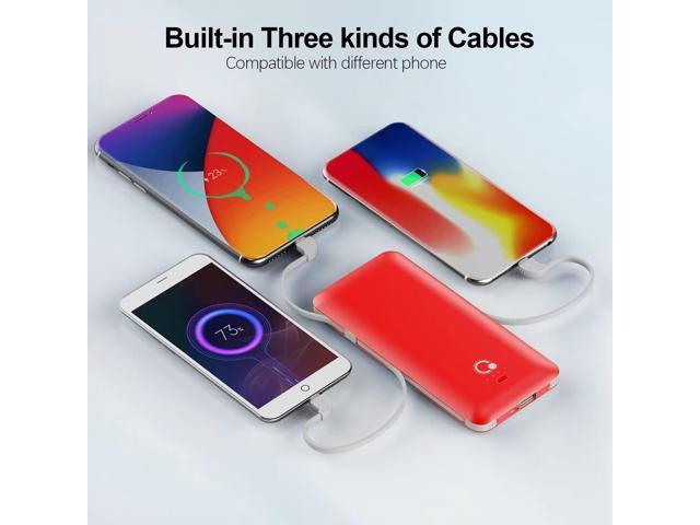 10000mAh Portable Charger, Slim USB B C Power Bank,4 Output External Battery Pack with Built-in AC Wall Plug Micro and USB C Three Cables...