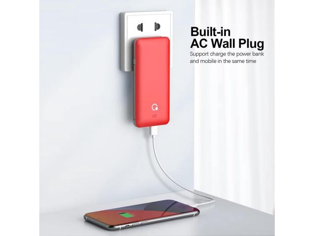 10000mAh Portable Charger, Slim USB B C Power Bank,4 Output External Battery Pack with Built-in AC Wall Plug Micro and USB C Three Cables...