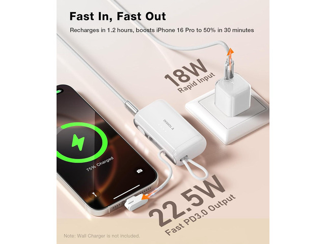 TORRAS iPhone 16 Portable Charger, 5000mAh 22.5W Power Bank with Built-in USB-C Cable, Fast Charge Battery Pack for iPhone 15, Galaxy S25, Google...