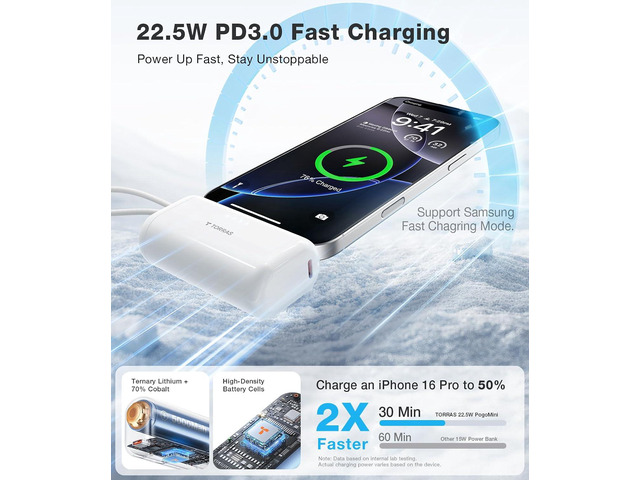 TORRAS iPhone 16 Portable Charger, 5000mAh 22.5W Power Bank with Built-in USB-C Cable, Fast Charge Battery Pack for iPhone 15, Galaxy S25, Google...