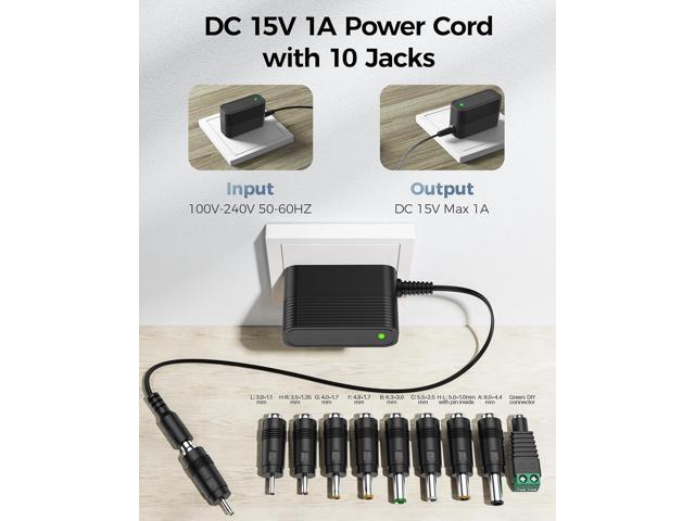 15V DC Power Supply DC 15V Power Cord 1A Charger with 10 Interchangeable Jacks Universal Adapter for 100mA 200mA 300mA 400mA 500mA 600mA 700mA...