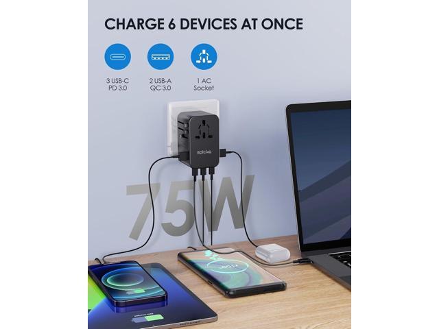 EPICKA Universal Travel Adapter, GaN 75W International Plug Adapter with 3 USB-C PD Fast Charging & 2 USB-A Quick Charging Adaptor All-in-one Wall...