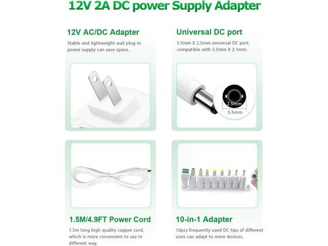 12V 2A Power Supply 24W AC/DC Adapter Wall Charger Replacement Power Cord AC 100V-240V to DC 12Volt 2A 1.5A 1A Converter for Security Camera BT...