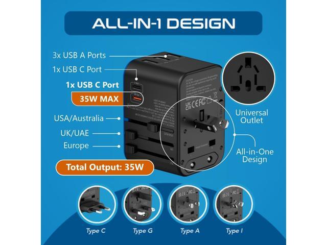 Ceptics Universal Travel Adapter, 35W International Power Adapter with PD & QC 3.0 Dual USB-C, 3 USB Travel Adapter Worldwide, Type I C G A Outlets...