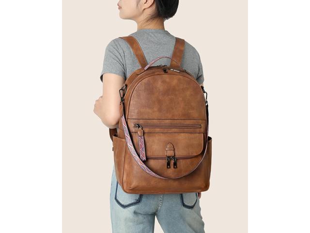 FADEON 15.6 inch Leather Laptop Backpack Purse for Women, Designer Travel PU Backpack with Laptop Compartment for Work Brown