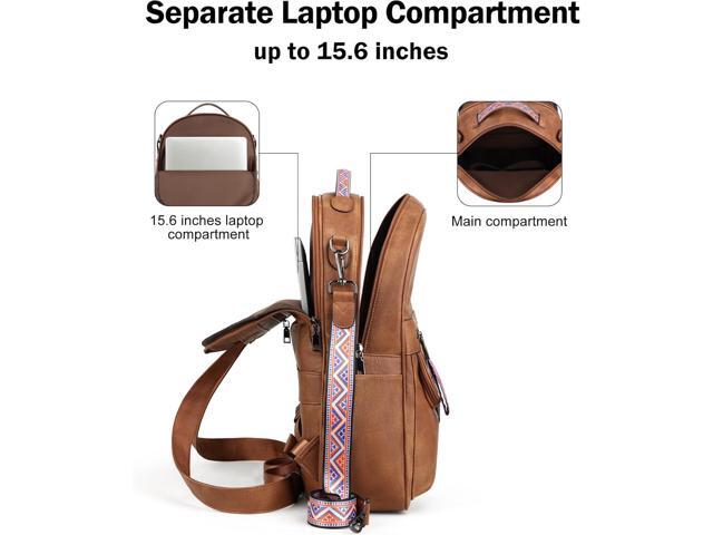 FADEON 15.6 inch Leather Laptop Backpack Purse for Women, Designer Travel PU Backpack with Laptop Compartment for Work Brown