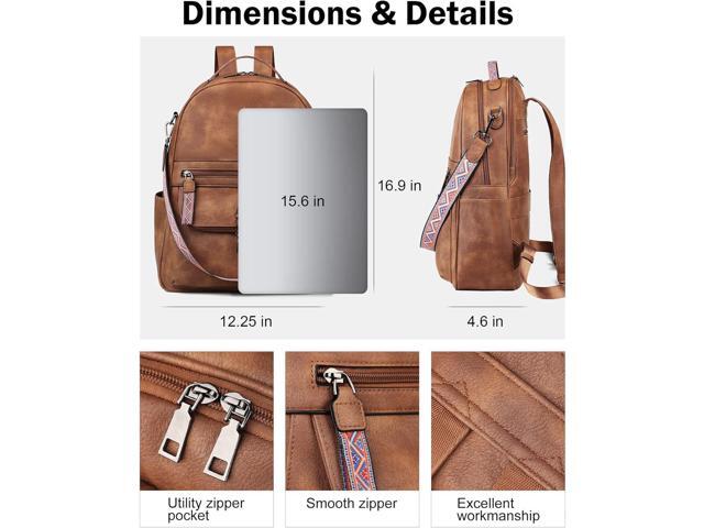 FADEON 15.6 inch Leather Laptop Backpack Purse for Women, Designer Travel PU Backpack with Laptop Compartment for Work Brown
