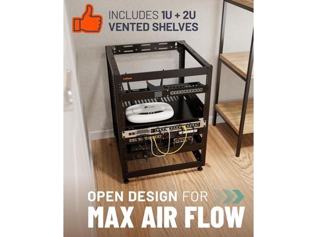 ECHOGEAR 15U Open Frame Rack for Servers & AV Gear - Wall Mountable Design Includes 2X Vented Shelves, 25x Rack Mounting Screws, 4X Leveling Feet,...