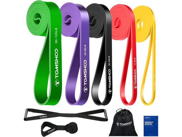 TOMSHOO 5 Packs Pull up Assist Bands, Resistance Bands with Straps Handles and Door Anchor, Stretch Bands,Exercise Bands with Guide for Fitness