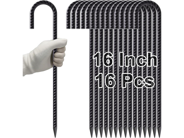 VVOKGO Rebar Stakes 16 Inches J Hook Heavy Duty Chain Link Fence Stakes, 16 Pcs Metal Long Tent Spikes Ground Anchors for Wire Fencing, Dogs...