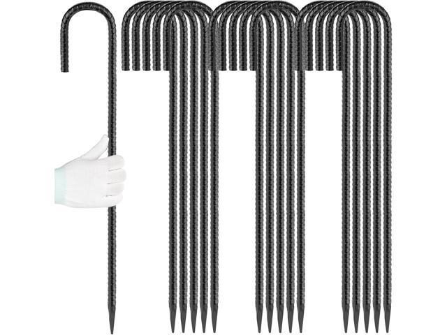 24 inches J Hook Rebar Stakes (16-Pack), Extra Long Garden Stakes with Chisel Point End Steel Rebar Ground Stakes for Tent Chain Link Fence and.