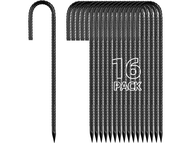Besitu 12 Inch Rebar Stakes J Hook Ground Stakes 16-Pack Heavy Duty Galvanized Chain Link Fence Stakes Metal Tent Stakes for Outdoor Lawn...