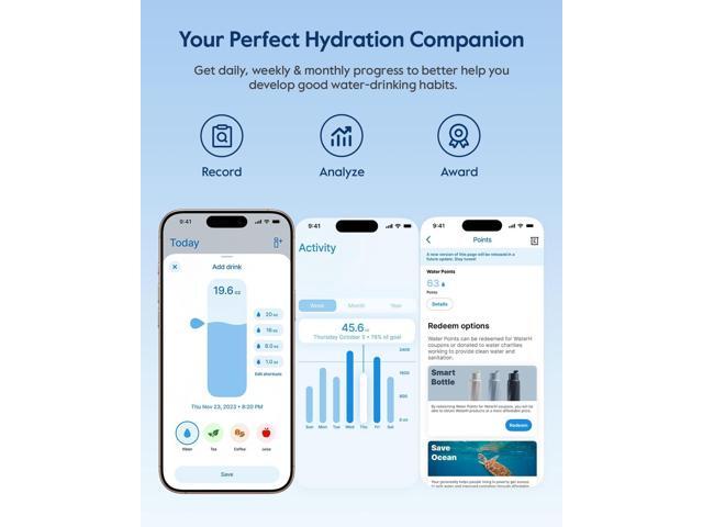 Boost Smart Water Bottle with Reminder to Drink Water, 24oz BPA-Free Stainless Steel Vacuum Insulated Water Bottle, Wide Mouth Water Tracker Bottle...