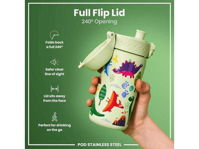 ION8 Kids Water Bottle, Steel 400 ml/13 oz, Leak Proof, Easy to Open, Secure Lock, Dishwasher Safe, Flip Cover, Carry Handle, Easy Clean, Durable,...