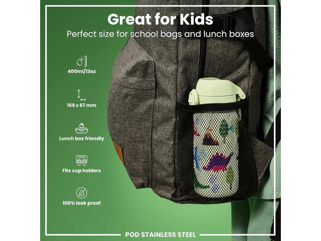 ION8 Kids Water Bottle, Steel 400 ml/13 oz, Leak Proof, Easy to Open, Secure Lock, Dishwasher Safe, Flip Cover, Carry Handle, Easy Clean, Durable,...
