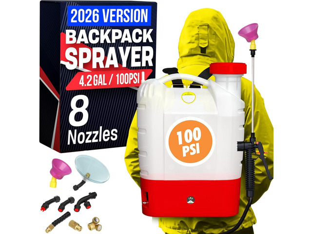 Battery Powered Backpack Sprayer - 4.2 Gallon, 8 Nozzles, 100PSI Cutoff, Long Battery Life, Wide Mouth, High-Pressure Spray Hose, Trigger Lock,...