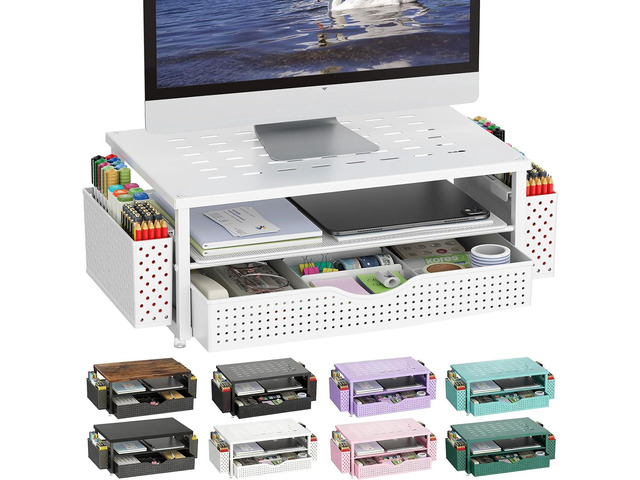 gianotter Desk Organizers and Accessories, Monitor Stand with Drawer and 2 Pen Holder, Desktop Organizer Suitable for Offices and Dormitories (White)
