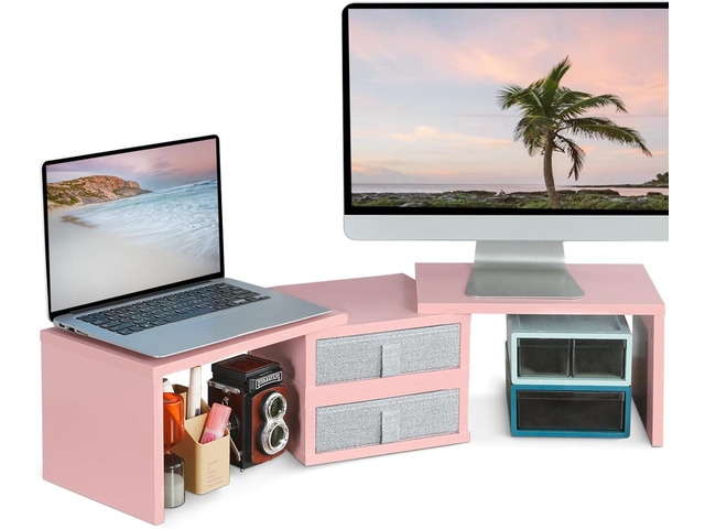 TEAMIX Pink Dual Monitor Stand Riser with 2 Drawers - Length and Angle Adjustable Double Corner Desk Shelf Organizer 37 inch for 2...