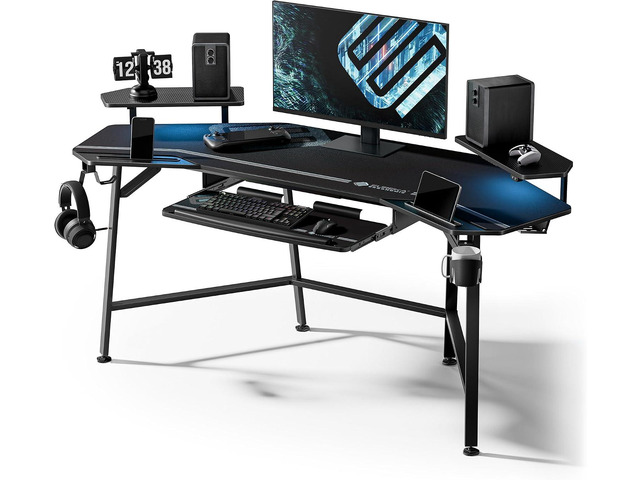 EUREKA ERGONOMIC Gaming Desk Wing Shaped Keyboard Tray 72 Inch Black LED monitor stand with dual headphone hooks and cup holder, built for...