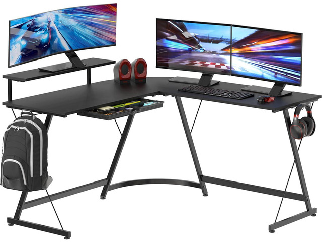 SHW 51 x 51 L-Shaped Corner Desk w/Monitor Stand and Drawer, Black Drawer with adjustable compartments