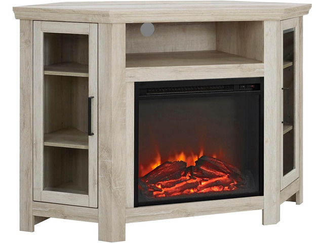 Walker Edison Alcott Classic Glass Door Fireplace Corner TV Stand for TVs up to 55 Inches, 48 Inch, White Oak