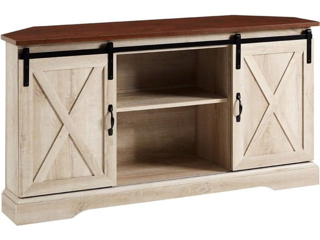 Walker Edison Everette Modern Farmhouse Double Sliding X Barn Door TV Stand for TVs up to 58 Inches 52 Inch Traditional Brown and White Oak
