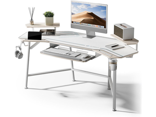EUREKA ERGONOMIC Gaming Desk Wing Shaped Keyboard Tray 72 Inch Maple LED monitor stand with dual headphone hooks and cup holder, built for...