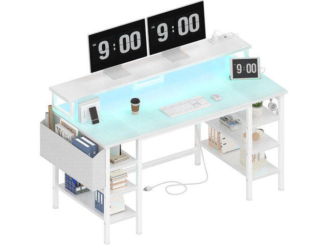 Lufeiya White Desk with Storage Shelves - 47 inch Home Office Gaming Desk with Monitor Stand, Computer Desk with LED Lights and Power Outlets, White