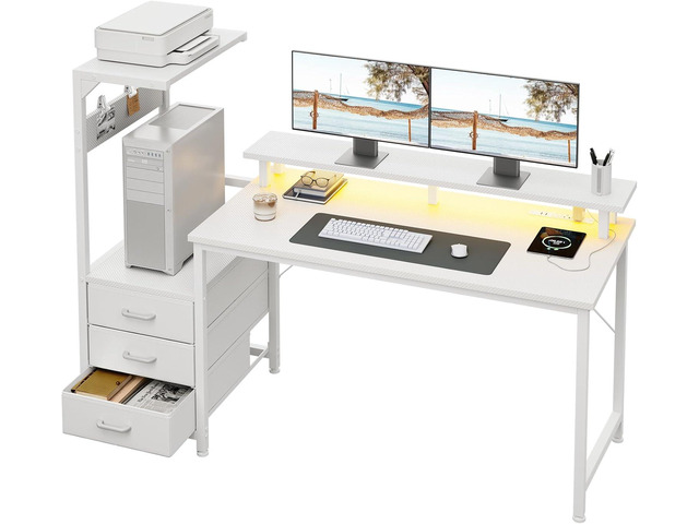 AODK 59 Inch Gaming Desk with USB Charging Ports & LED Light- Reversible Computer Desk with Storage Shelves & Monitor Stand, Modern Gamer Desk...