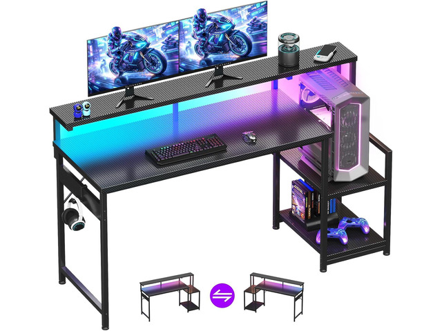 AODK 55 Inch Gaming Desk with LED Lights & CPU Stand, Carbon Fiber Black Computer Desk with Storage Shelves, Reversible Desk with Monitor Stand