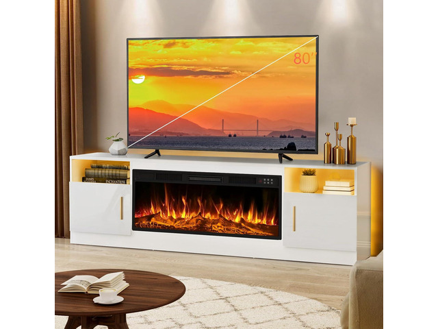 70' Fireplace TV Stand for TVs up to 80', White 36' electric fireplace, modern LED entertainment center, high gloss with highlight wood storage...
